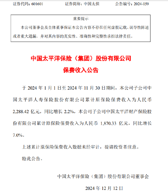 中国太保：前11个月累计寿险保费收入2288.42亿元 同比增长2.2%