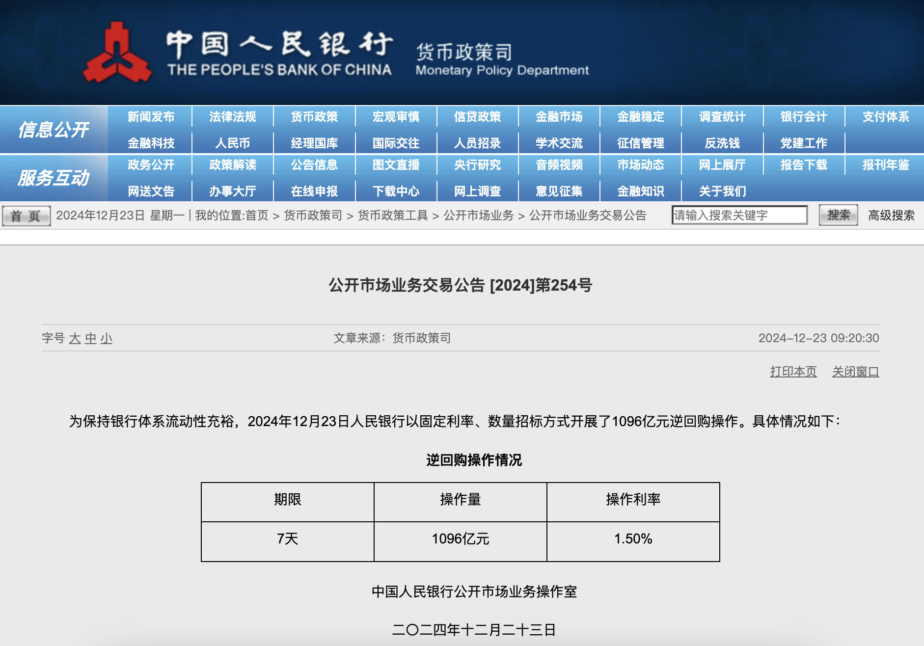 央行今日进行1096亿元7天期逆回购操作